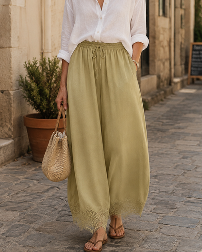 Elegant & Comfortable Lace-Trim Chiffon Wide-Leg Pants