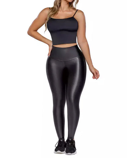 Women's Elastic Sexy High Waist Slim Fit Leather Tight Sports Yoga Pants