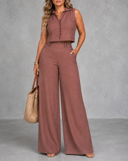 Slimming Sleeveless Top and High Waist Wide Leg Casual Long Pants Set
