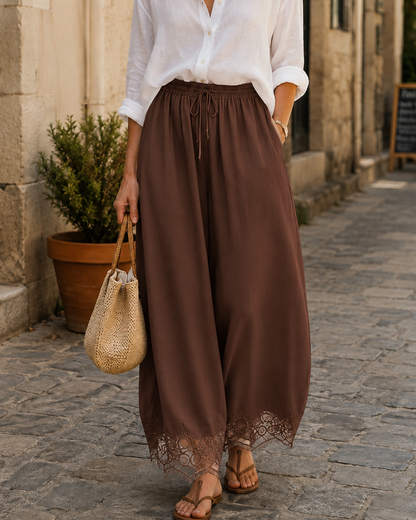 Elegant & Comfortable Lace-Trim Chiffon Wide-Leg Pants