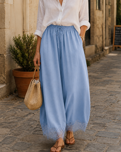 Elegant & Comfortable Lace-Trim Chiffon Wide-Leg Pants