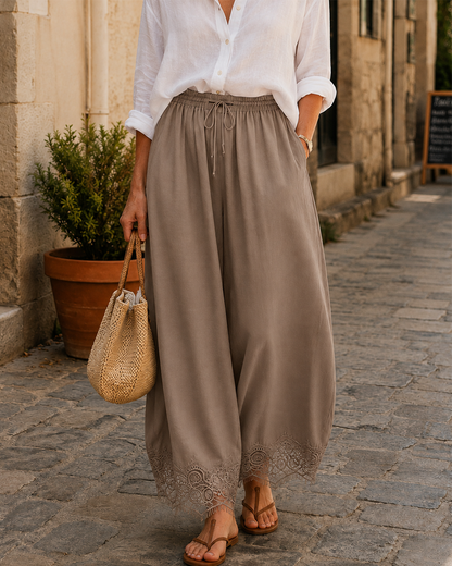 Elegant & Comfortable Lace-Trim Chiffon Wide-Leg Pants