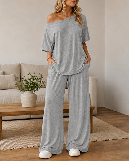 Conjunto casual de top con hombros descubiertos y pantalón acampanado