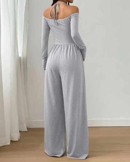 Mono de punto, de manga larga con cuello halter y pierna ancha