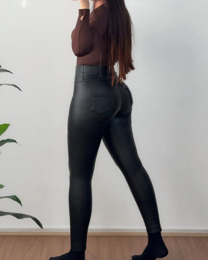 Women's Elastic Sexy High Waist Slim Fit Leather Tight Sports Yoga Pants